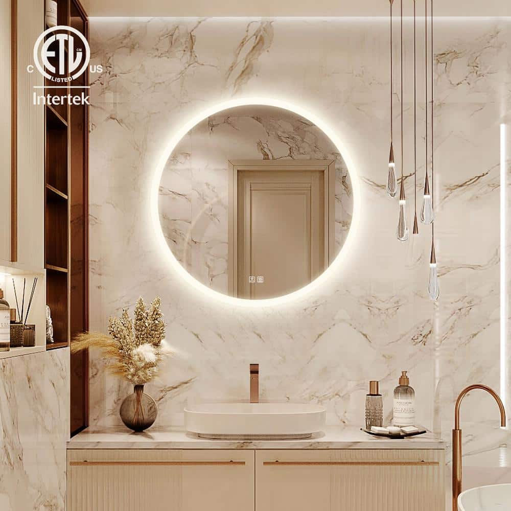 HOMLUX 32 in. W x 32 in. H Round Frameless LED Light with 3-Color and Anti-Fog Wall Mounted Bathroom Vanity Mirror, Silver
