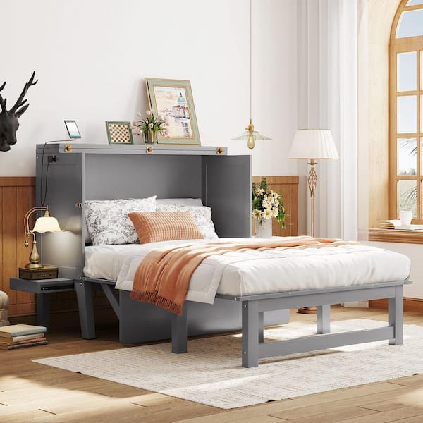 Polibi Gray Wood Frame Full Size Murphy Bed with USB Port and Removable Shelves on Each Side