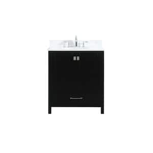 30 in. W Single Bath Vanity in Black with Engineered Stone Vanity Top in Calacatta with White Basin with Backsplash
