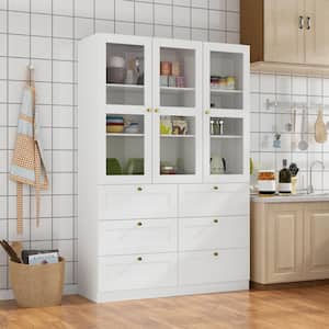 White Wood Kitchen Food Pantry 3-Door Cabine with 6 Drawers (47.2 in. W x 15.7 in. D x 70.9 in. H )