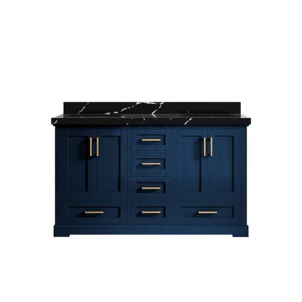Willow Collections Boston 60 in. W x 22 in. D x 36 in. H Double Sink Bath Vanity in Navy Blue with 2 in. Calacatta Black Top