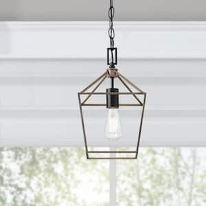 Weyburn 1-Light Black and Faux Wood Farmhouse Mini Pendant Light Fixture with Caged Metal Shade