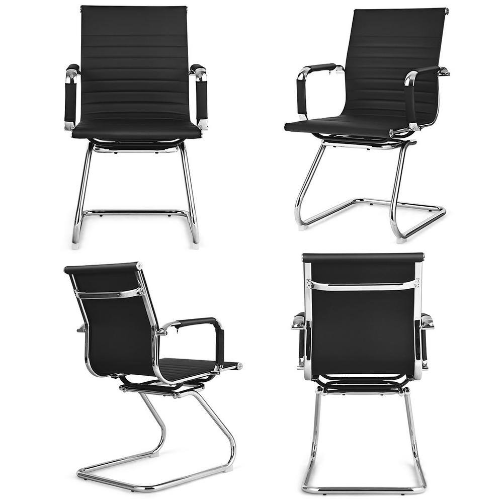 Black PU Leather and Metal Sled Base Office Chairs, Set of 2