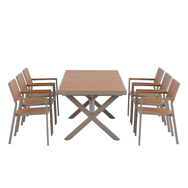 7-Piece Natural Frame Metal Outdoor Dining Set with Extendable Table