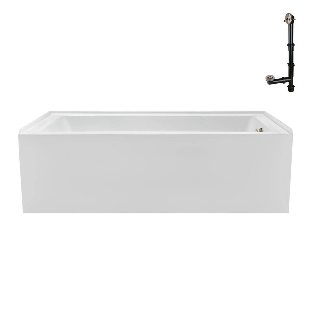 Glossy White Acrylic Right-Hand Drain Alcove Bathtub with Brushed Nickel External Drain