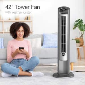 Wind Curve 42 in. 3-Speed Oscillating Platinum Tower Fan with Fresh Air Ionizer and Remote Control