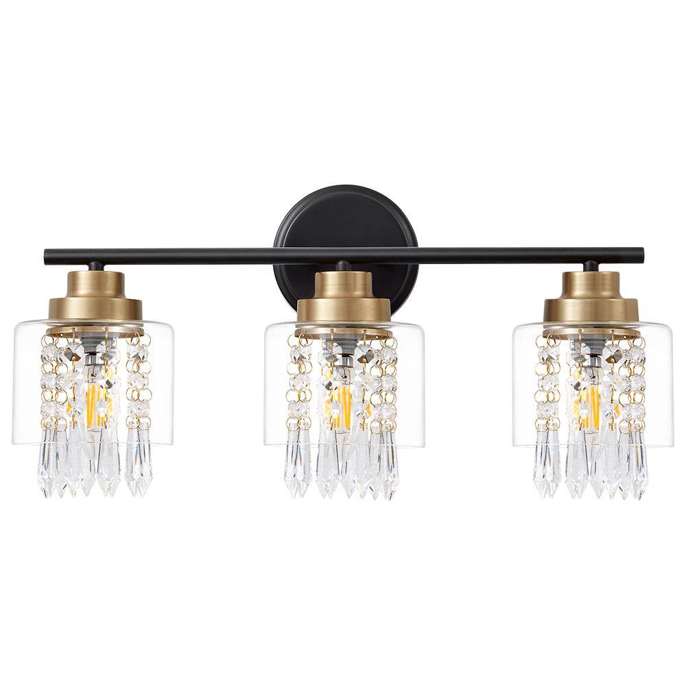 20 in. 3Light Black and Gold Vanity Light with Crystal Clear Glass