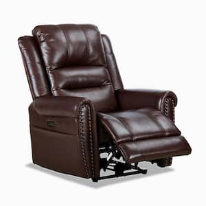 35.25"W Genuine Top Grain Leather Nailhead Trim With Adjustable Headrest and Storage Side Pocket Power Recliner in Brown