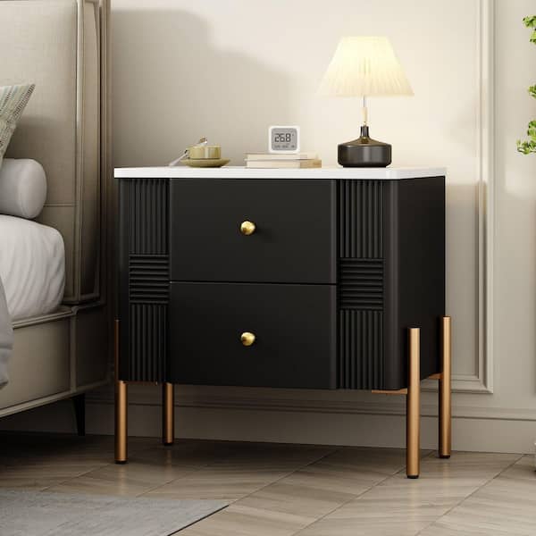 Black 2 Drawers 21.6 in. W Nightstand