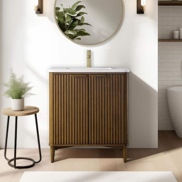 Levin 30 in. W x 22 in. D x 35 in. H Single Sink Freestanding Bath Vanity in Walnut Mist with Engineered Stone Top