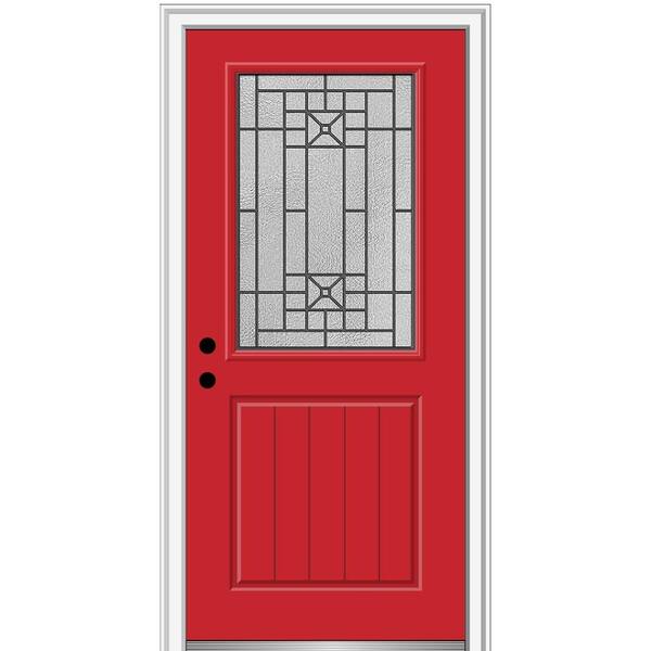 MMI Door 36 in. x 80 in. Courtyard Right-Hand 1/2-Lite Decorative Planked Painted Fiberglass Prehung Front Door, 6-9/16 in. Frame