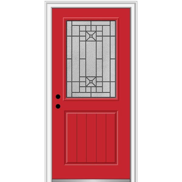 MMI Door 32 in. x 80 in. Courtyard Right-Hand 1/2 Lite Decorative Painted Fiberglass Smooth Prehung Front Door, 4-9/16 in. Frame