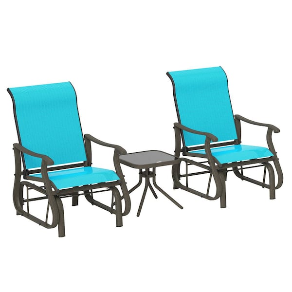 Outsunny 3-Piece Outdoor Gliders Set Bistro Set with Steel Frame, Tempered Glass Top Table for Patio, Bright Blue