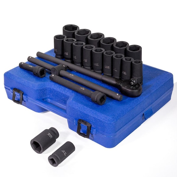 3/4 in. Drive Cr-Mo Steel SAE Deep Impact Socket Set with Extension Bar, Sliding T-bar and Carrying Case (22-Piece)