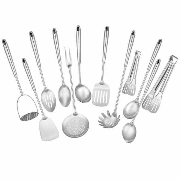 12-Piece Stainless Steel Cooking Utensils Set, Cookware Set: Masher, Fork, Tongs, Turner, Pasta Spoon, Skimmer, Ladle