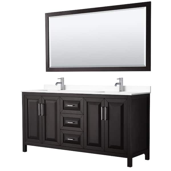 Wyndham Collection Daria 72in.Wx22 in.D Double Vanity in Dark Espresso with Cultured Marble Vanity Top in White with Basins and Mirror
