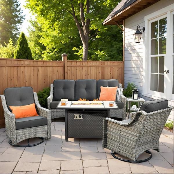 Toject Eureka Gray 5-Piece Wicker Outdoor Patio Conversation Sofa Chair Seating Set with Metal Fire Pit and Black Cushions