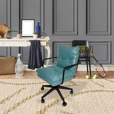 Light Blue Leather 360° Swivel Upholstered Office Chair Task Chair With Rollers