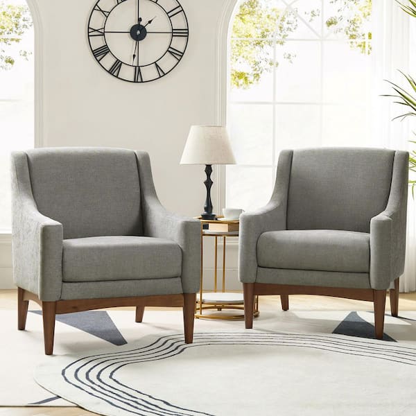 Gerald 30 in. Gray Polyester Arm Chair with Solid Wooden Legs (Set of 2)