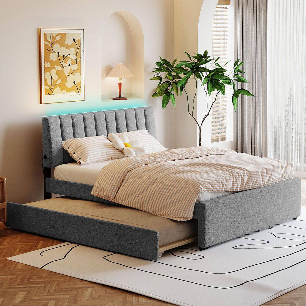 Nestfair Gray Teddy Fleece MDF Frame Queen Size Upholstered Platform ...