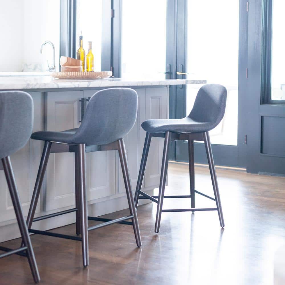 Gray Upholstered Solid Wood Counter Stool with Footrest