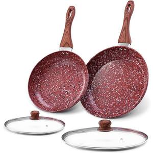 CSK 4-Pieces 10. in and 12. in Red Granite Aluminum Nonstick Induction Compatible Frying Pan Set with Lids