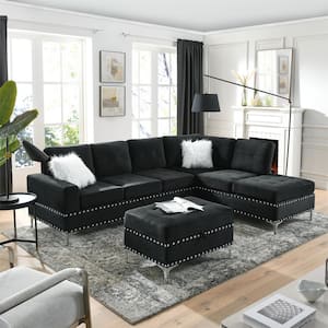 107.5 in. W Black Square Arm 3-piece 3 Seats Polyester L-Shaped Reversible Sectional Sofa with Ottoman and Metal Legs