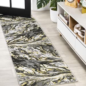 Swirl Marbled Abstract Black/Yellow 2 ft. x 10 ft. Runner Rug