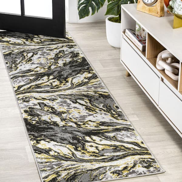 JONATHAN Y Swirl Marbled Abstract Black/Yellow 2 ft. x 10 ft. Runner Rug