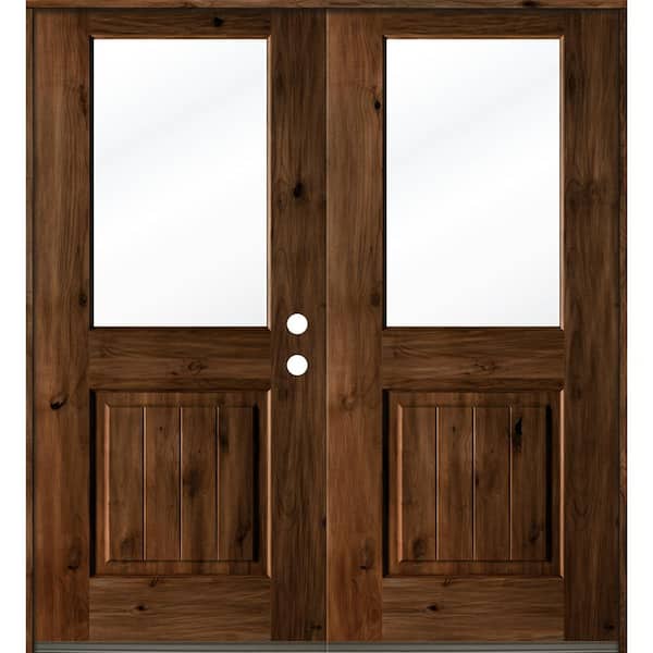 Krosswood Doors 72 in. x 80 in. Rustic Knotty Alder Wood Clear Half-Lite provincial stain/VGroove Left Active Double Prehung Front Door
