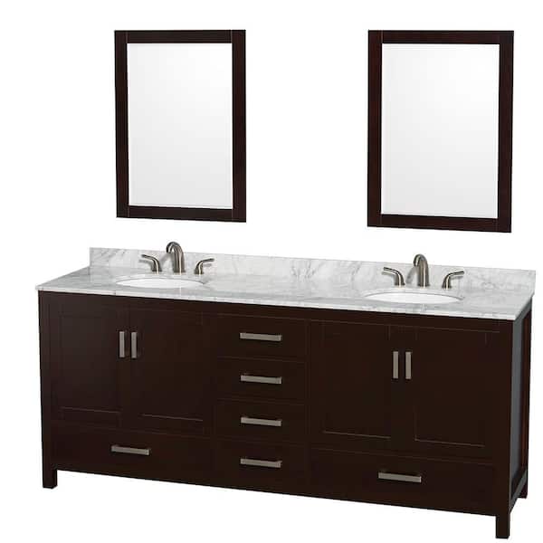 Wyndham Collection Sheffield 80 in. W x 22 in. D x 35 in. H Double Bath Vanity in Espresso with White Carrara Marble Top and 24" Mirrors