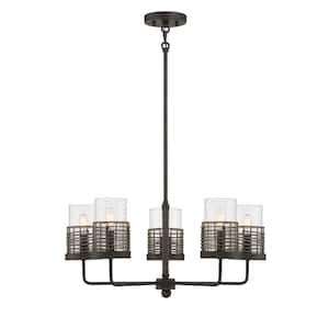 Granada 25 in. W x 10 in. H 5-Light Gunsmoke and Gray Rattan Chandelier with Clear Glass Shades