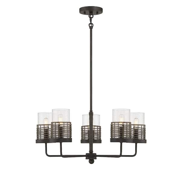 Savoy House Granada 25 in. W x 10 in. H 5-Light Gunsmoke and Gray Rattan Chandelier with Clear Glass Shades