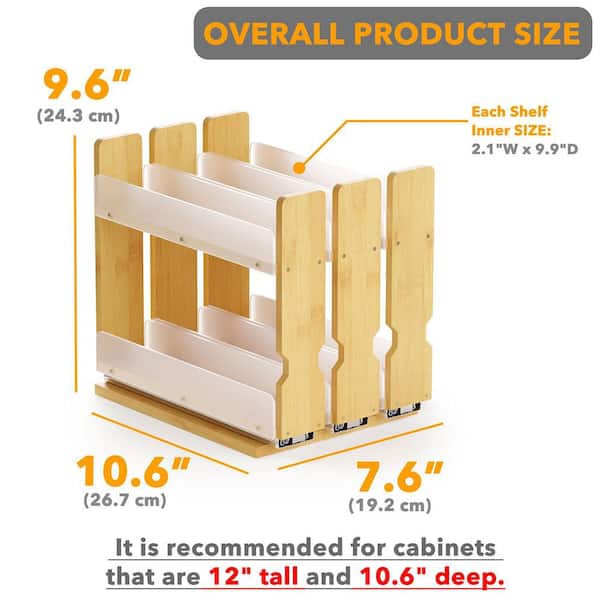 7.6 in. x 9.6 in. 2-Tier Bamboo Pull Out Spice Rack Organizer for Cabinet Sliding Vertical Kitchen, Natural