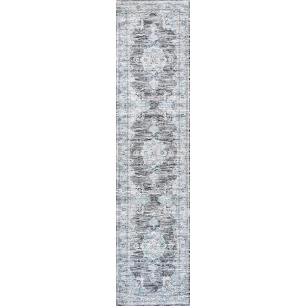 Dark Gray/Blue 2 ft. x 8 ft. Bausch Bohemian Distressed Chenille Machine-Washable Runner Rug