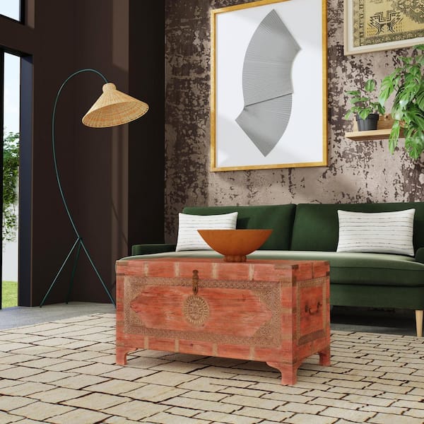 Nador 32 in. W Pink & Beige Rectangle Wood and Brass In-Lay Hand Painted Trunk Coffee Table