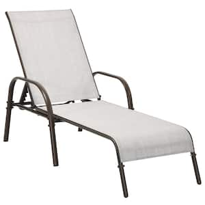 Gray Metal Outdoor Chaise Lounge Chair Adjustable Reclining Bed with Backrest and Armrest