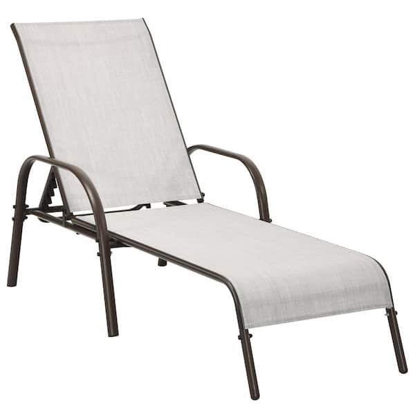 HONEY JOY Gray Metal Outdoor Chaise Lounge Chair Adjustable Reclining Bed with Backrest and Armrest