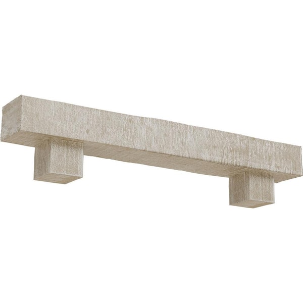 Ekena Millwork 4 in. x 4 in. x 4 ft. Rough Cedar Faux Wood Fireplace Mantel Kit, Alamo Corbels, Whitewashed