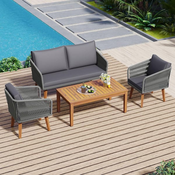 Harper & Bright Designs 4-Piece Wood and Metal Outdoor Patio Conversation Set with Acacia Wood Table, Dark Gray Cushions, Gray Rope
