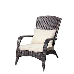 Brown Wicker Outdoor Lounge Chair with Beige Cushion and High Back