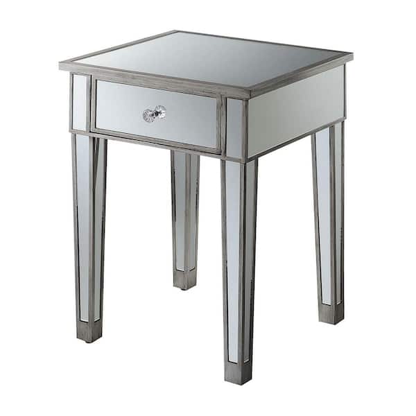Convenience Concepts Gold Coast 18 in. x 24 in. H Antique Silver Square Mirrored End Table with Drawer