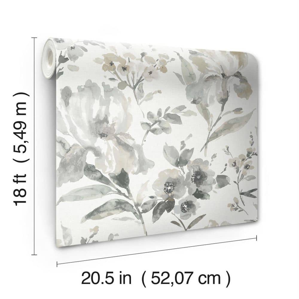 Grey Floral Vinyl Peel and Stick Wallpaper Roll