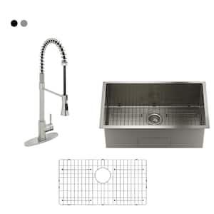Stainless Steel Sink 30 in. Single Bowl Undermount Kitchen Sink with Brushed Nickel Pull Down Sprayer Kitchen Faucet