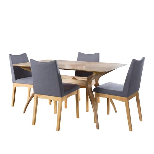 Noble House Dimitri 5-Piece Dark Grey Fabric Upholstered and Oak Wood Dining Set