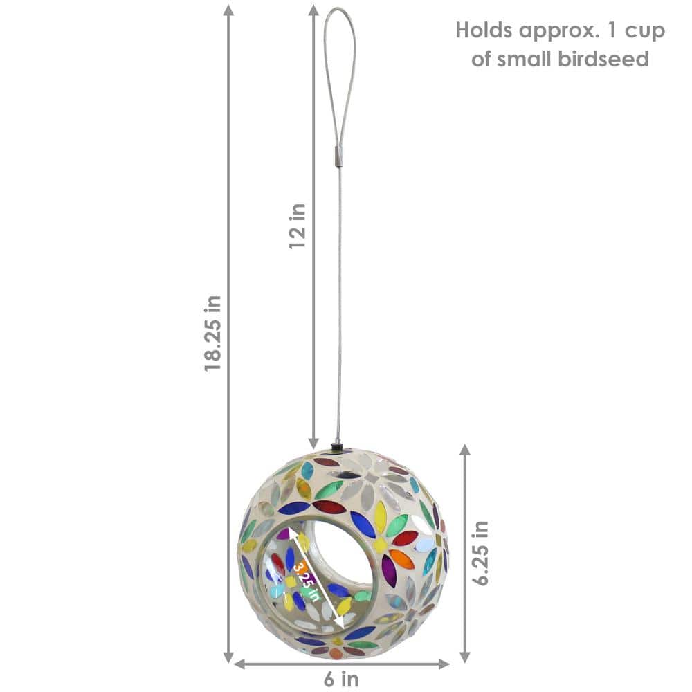 6-Inch Round Glass Mosaic Hanging Bird Feeder with Rainbow Daisies