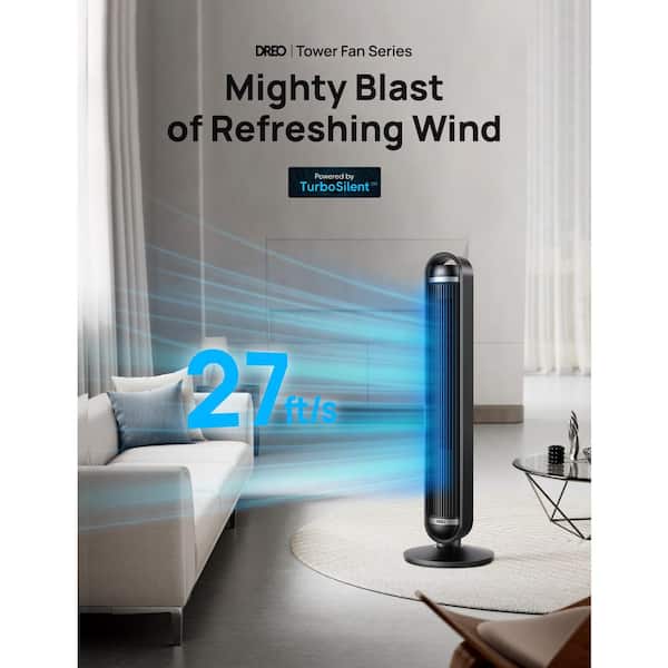 42 in. Smart Tower Fan, 9-Speeds, 12 H Timer, 90° Oscillation with Remote, DC Motor, Wi-Fi Voice Control in Black