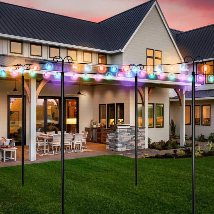 Black Steel Outdoor String Light Poles with Arc Hook and 5-Prong Base - 10 ft
