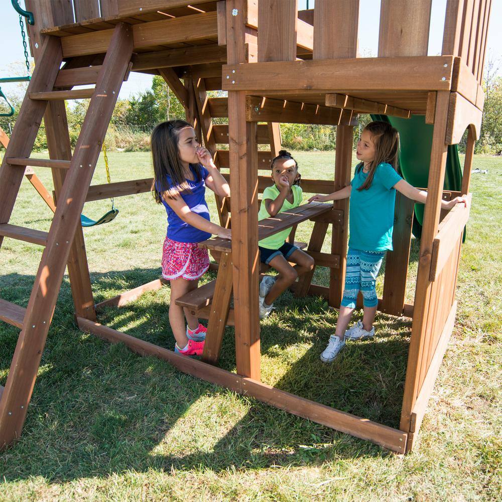 Elkhorn Wooden Backyard Swing Set with Slide and Climbing Wall