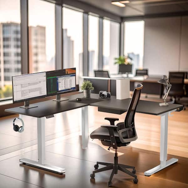 75 in. XL L-Shape Black Tabletop Electric Height Adjustable Corner Standing Desk with Drawer-White Base